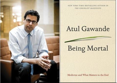 Book cover of Being Mortal by Atul Gawande, featuring a contemplative image of an elderly person in a wheelchair looking out a window